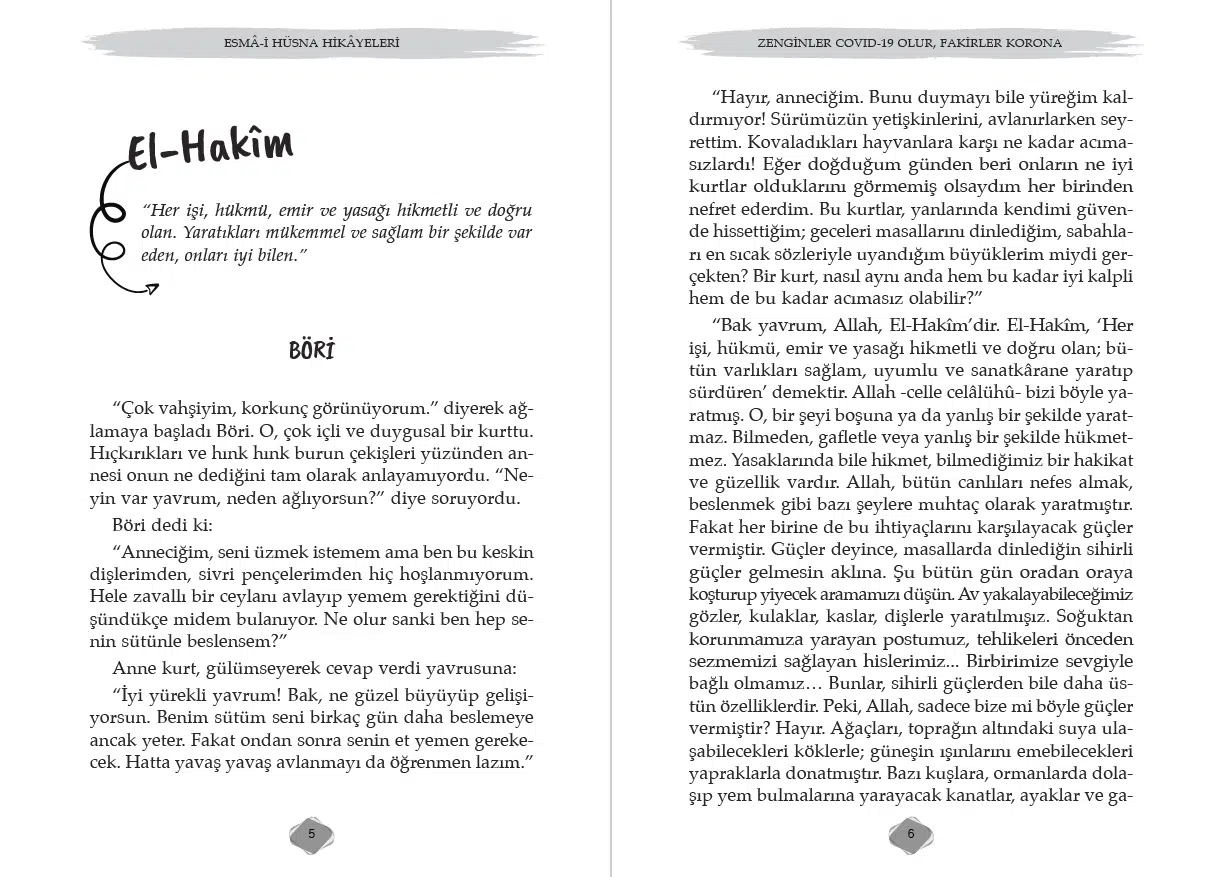 Zenginler Covid Olur kitabı, 9 yaş üstü çocuklar için Esmâ-i Hüsna'nın hikmet ve yaratılış temalı anlatıldığı eser